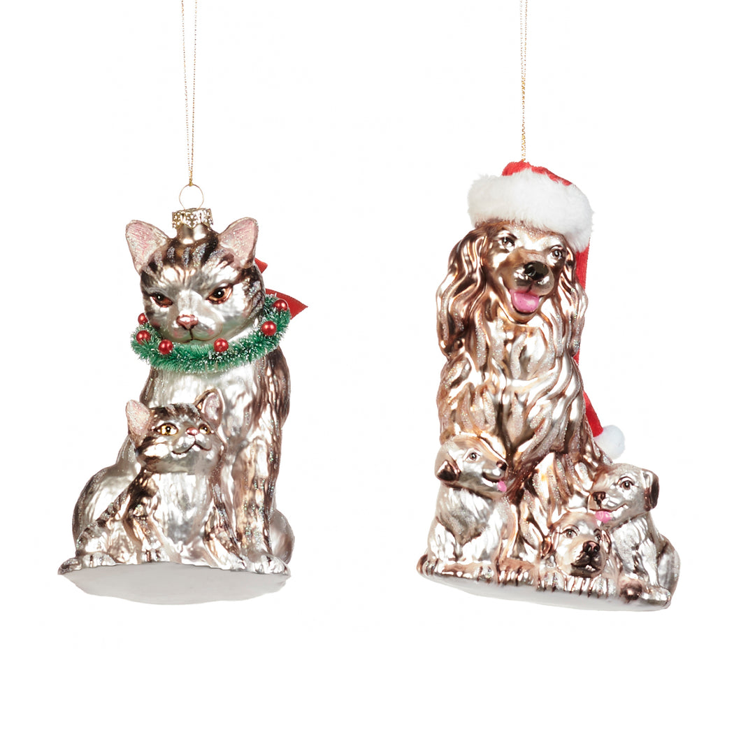 Glass/Fabric Christmas Cat/Dog Fam.Ornament Cream/Gray 15Cm, Set/2, Assortment