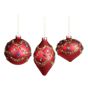 Glass Jewel Swag Ball/Finial Ornament Red/Multi 10Cm, Set Of 3, Assortment