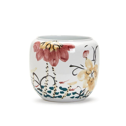 Two's Company Japanese Flower Blossoms Planter- Hand-Painted Porcelain