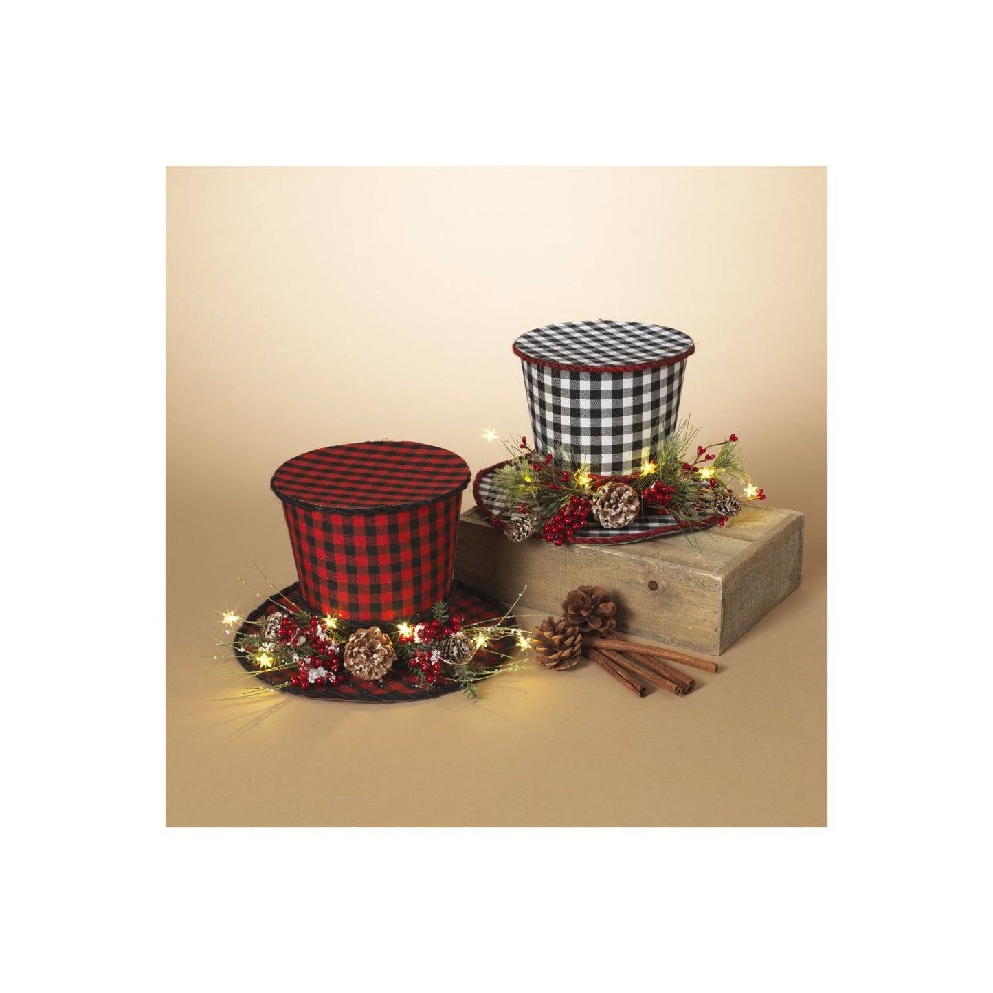 Gerson Company 10.5"H B/O Lighted Holiday Plaid Hat W/ Floral Accent, 2 Assorted