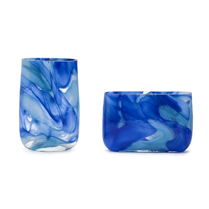 Two's Company Set of 2 Swirled Blue Hand Blown Glass Vase- Hand Blown Glass