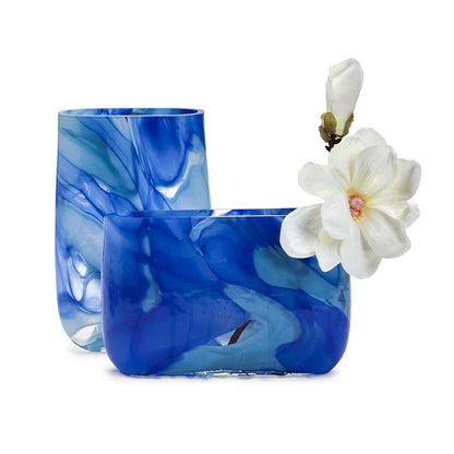 Two's Company Set of 2 Swirled Blue Hand Blown Glass Vase- Hand Blown Glass