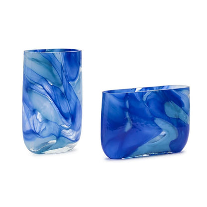 Two's Company Set of 2 Swirled Blue Hand Blown Glass Vase- Hand Blown Glass