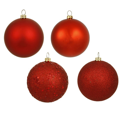 Vickerman 4" Red 4-Finish Ball Ornament Assortment, 12 per Box, Plastic