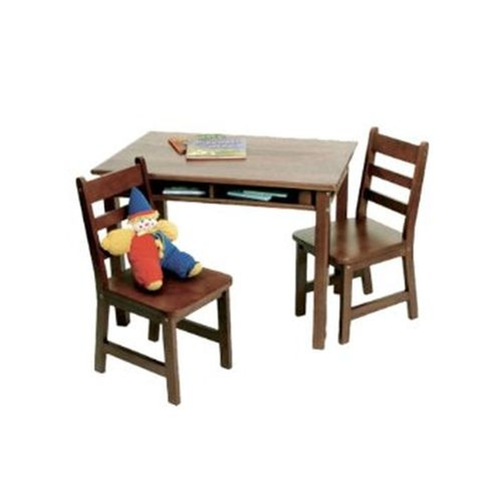 Lipper International Child's Rectangle Table with Shelves & 2 Chairs-Walnut