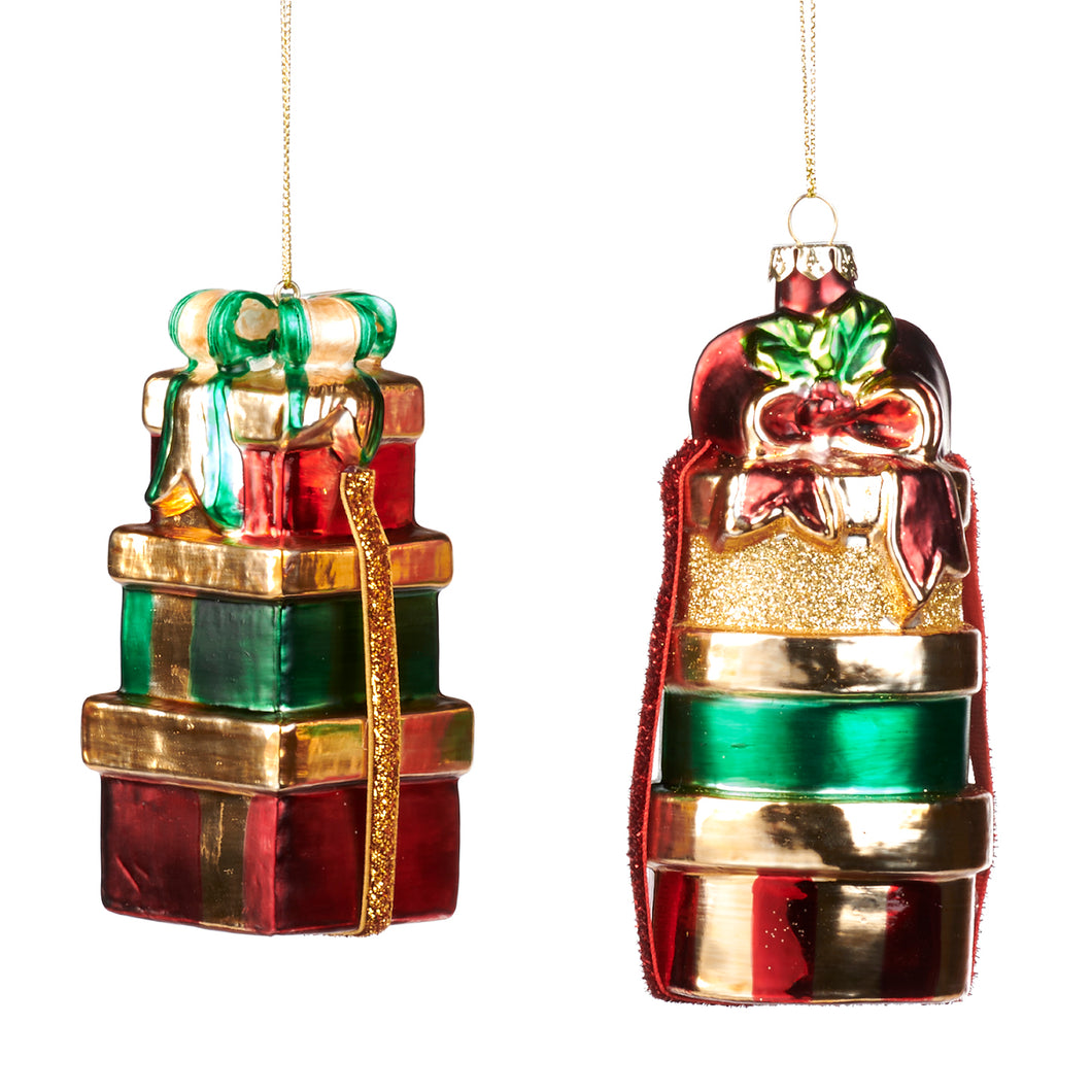 Glass Gift Box Stack With Bow Ornament Red/Green 13.5Cm, Set Of 2, Assortment
