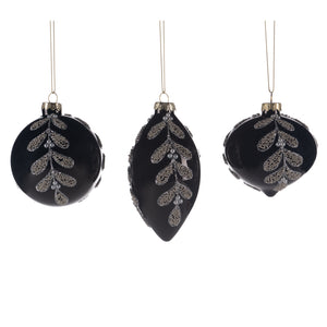 Glass Pearl Mistetoe Leaf Ball/Finial Ornament Black 8Cm, Set Of 3, Assortment