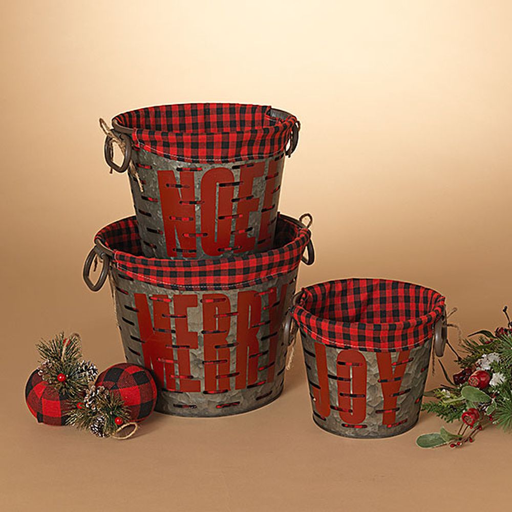 Gerson Company Set of 3 Galvanized Metal Holiday Baskets with Plaid Fabric Liner