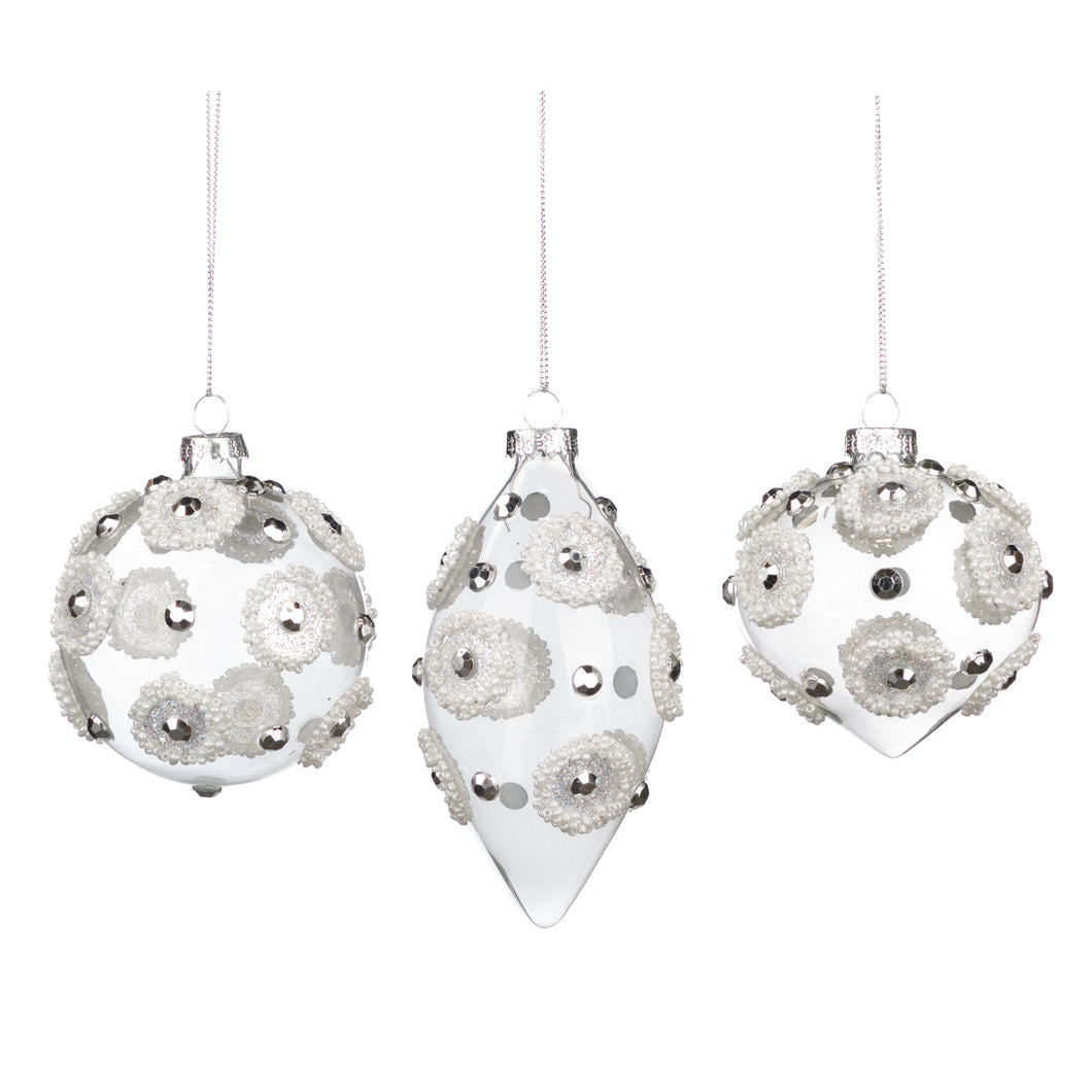 Glass Beaded Flower Ball/Finial Ornament Clear 8Cm, Set Of 3, Assortment