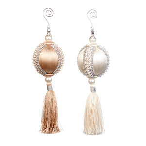 Yarn/Pearl Ball Top Tassel Ornament White/Cream 17Cm, Set Of 2, Assortment