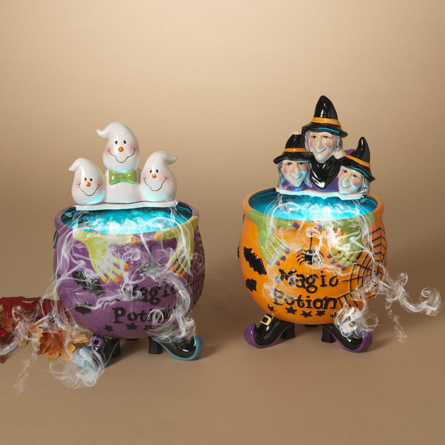 Gerson 14.1"L Electric Ceramic Halloween Figurine W/ Smoking Cauldron, 2 Asst