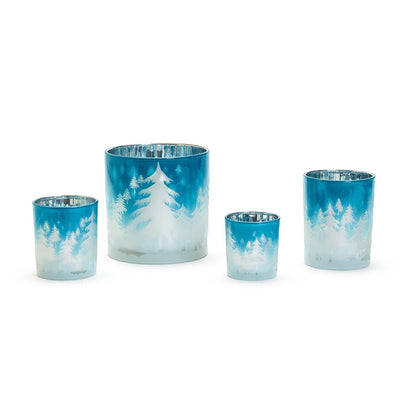 Snowed Forest Set Of 4 Frosted Candleholders w/ Etched Silhouettes in 4 Sizes