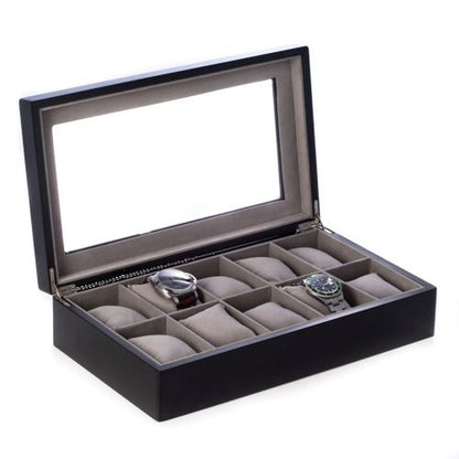 Matte Black Wood 10 Watch Box With Glass Top & Velour Lining