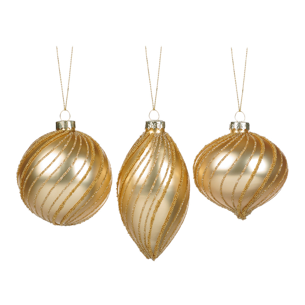 Glass Glittered Beaded Swirl Ball/Finial Ornament Gold/Cream, Set/3, Assortment