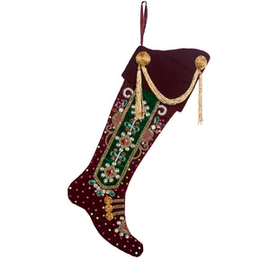 Goodwill Fabric Embroidered Jewel Swag Stocking Burgundy/Green 62Cm