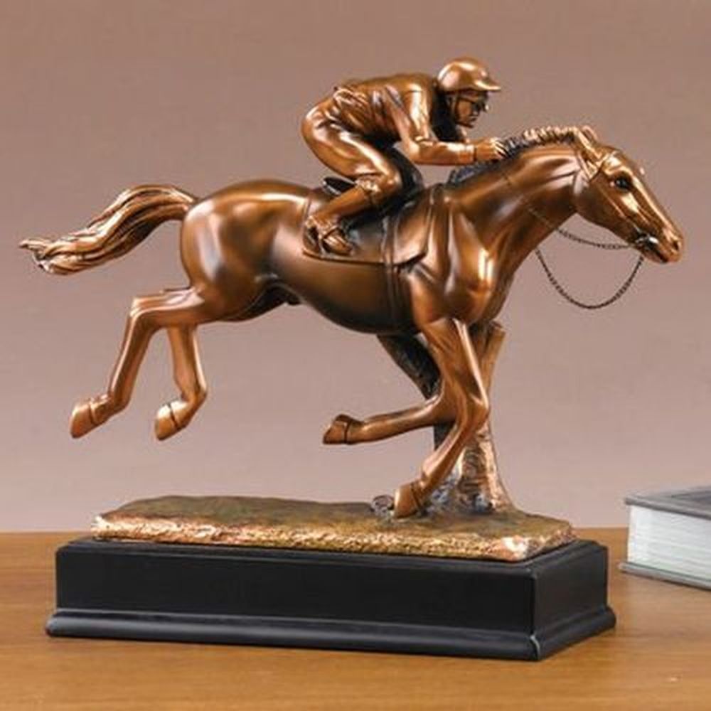 Jockey On Horse Figurine, Bronze Plated Resin - 12" x 3.5" x 9.5"