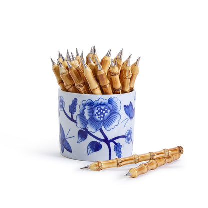Two's Company Natural Bamboo 36-Pieces Pen with Blue Floral Jar.