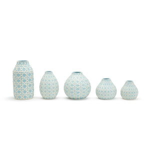 Two's Company Sky Blue S/5 Embossed Cane Webbing Pattern Vases with 5 Styles.
