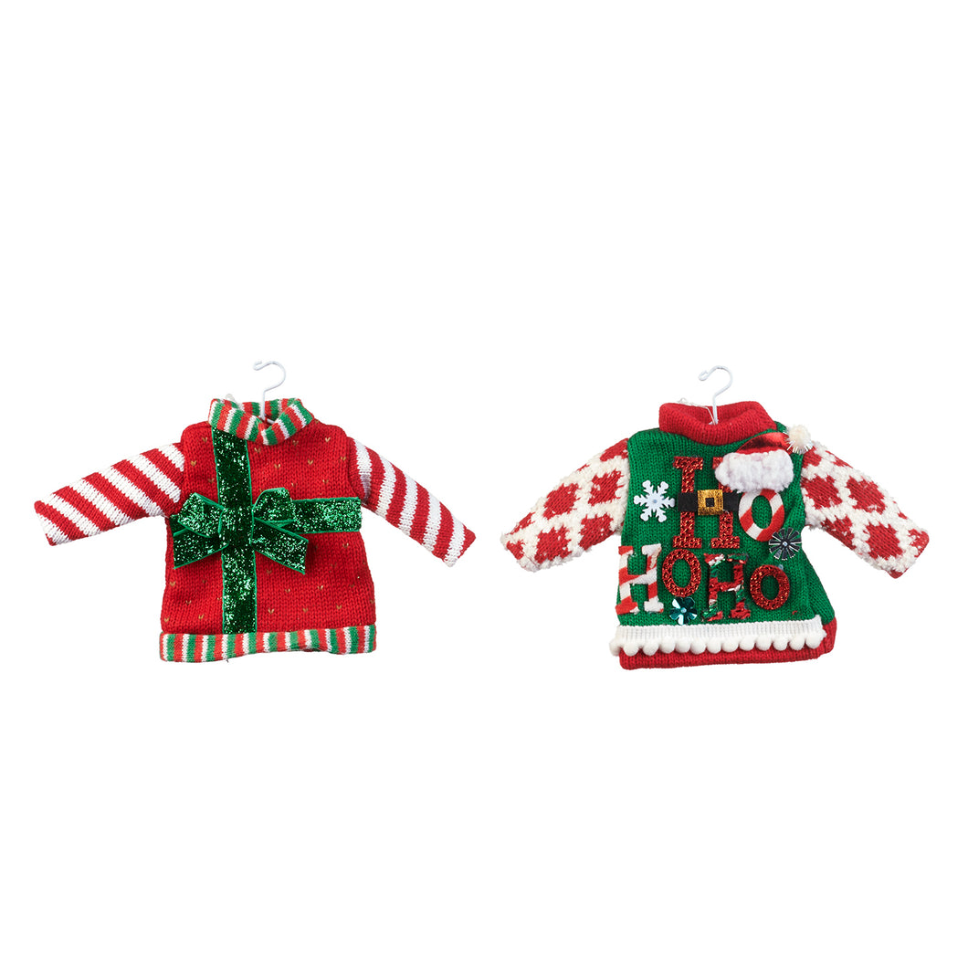 Fabric Ugly Christmas Sweater Ornament Red/Green 21Cm, Set Of 2, Assortment