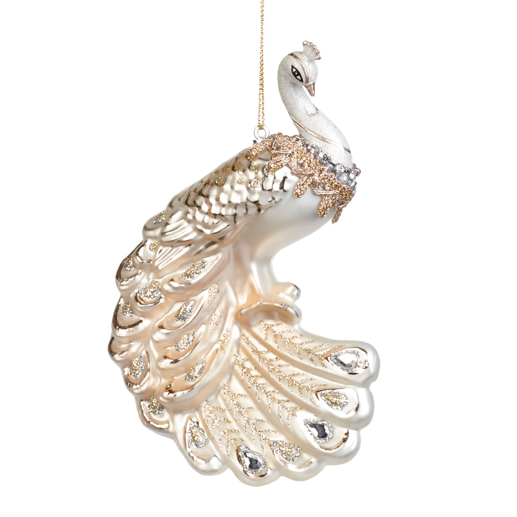Goodwill Glass/Lace Trim Peacock Ornament White/Champagne 10Cm