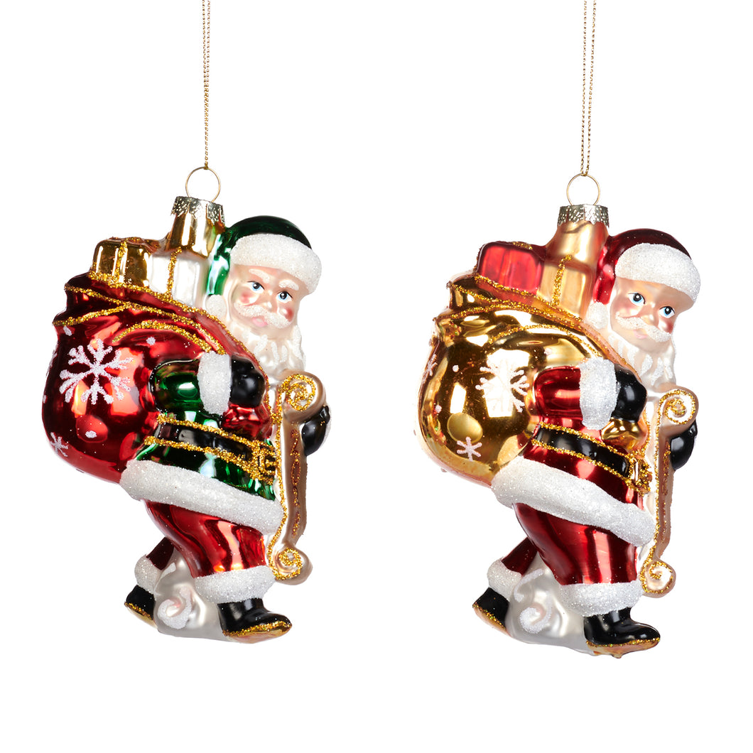 Glass Santa With Gift Bag Ornament Red/Green/Gold 15Cm, Set Of 2, Assortment
