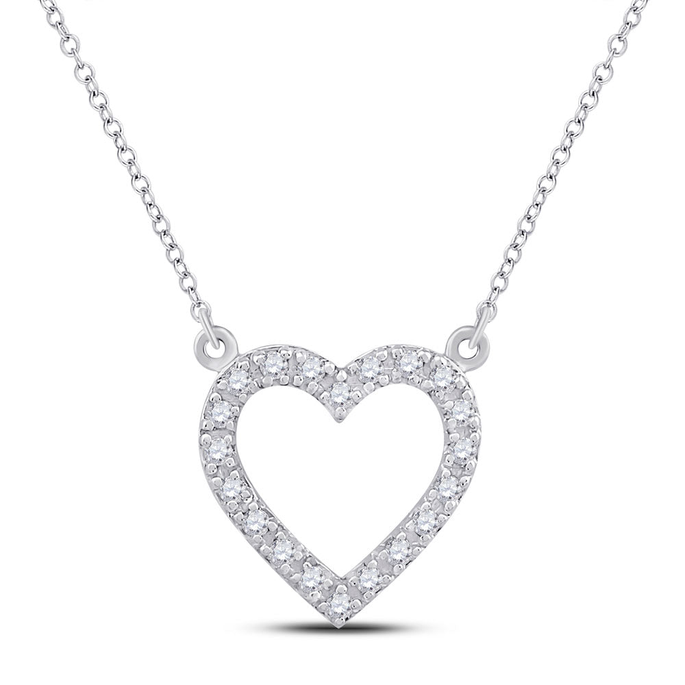 GND 10Kt White Gold Womens Round Diamond Heart Necklace 1/12 Cttw