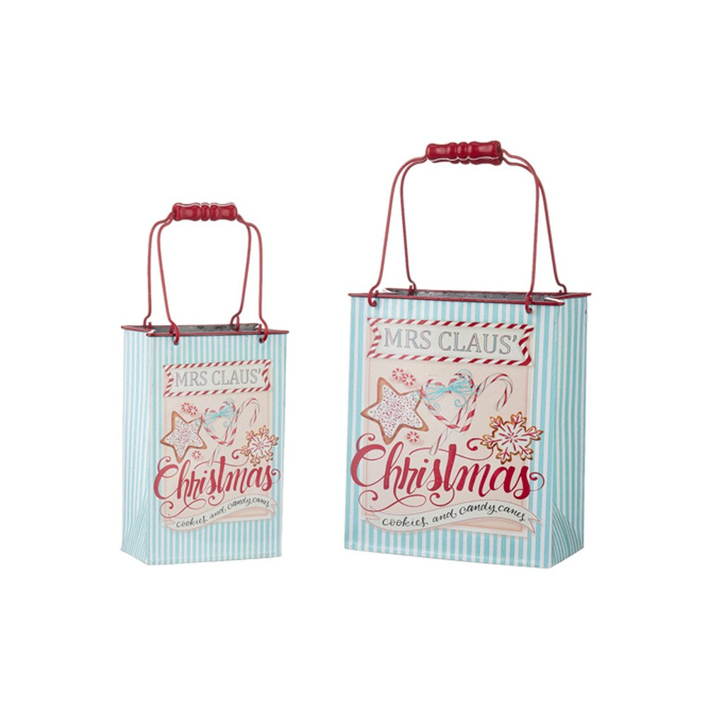 Raz Imports 2021 10" Mrs. Claus-Foot Cookies Shopping Bag Container, Set of 2