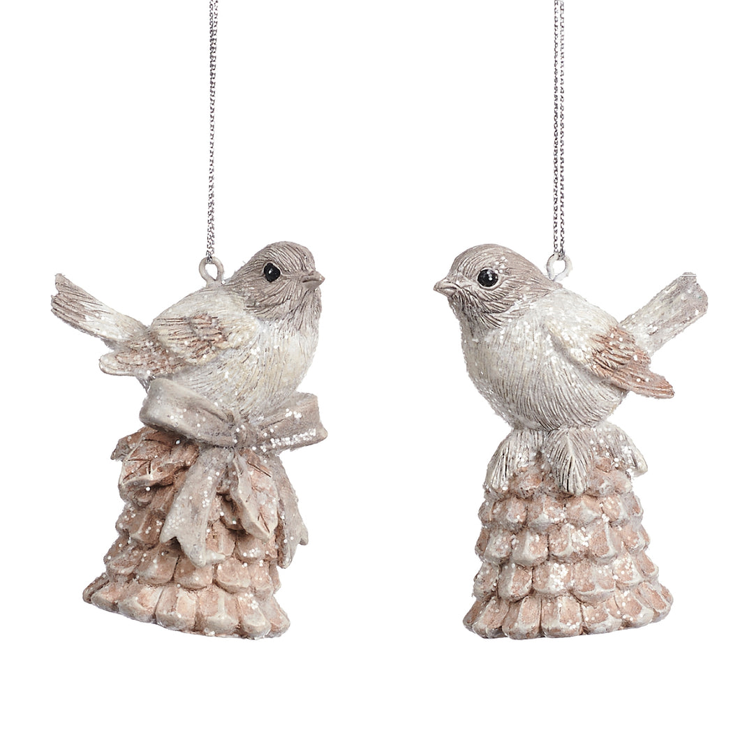 Goodwill Bird On Pinecone Bell Ornament Cream 7.5Cm, Set Of 2, Assortment