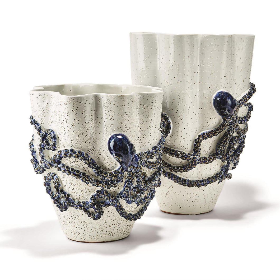 Two's Company White and Blue Set of 2 Octopus Vase