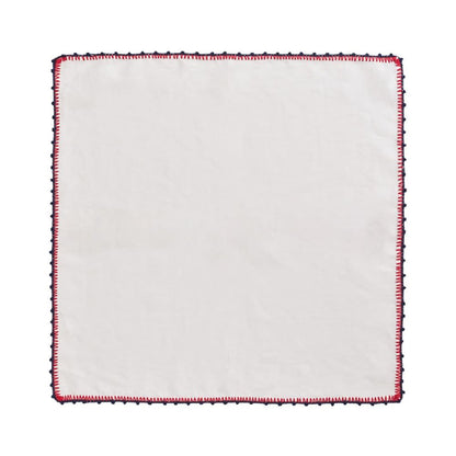 Kim Seybert Knotted Edge Napkin in White, Navy & Red, Set of 4, Linen, 21" x 21"
