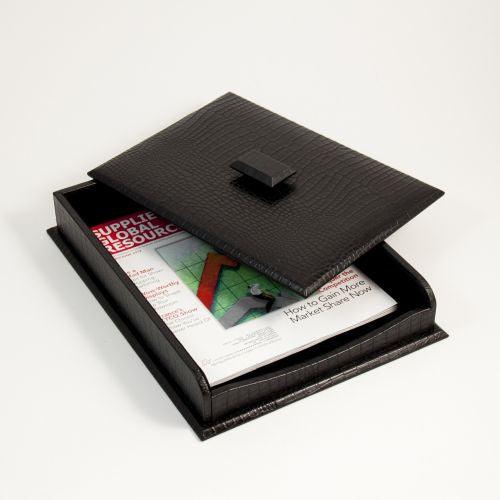 Bey Berk Black "Croco" Leather Letter Tray With Cover by Bey Berk