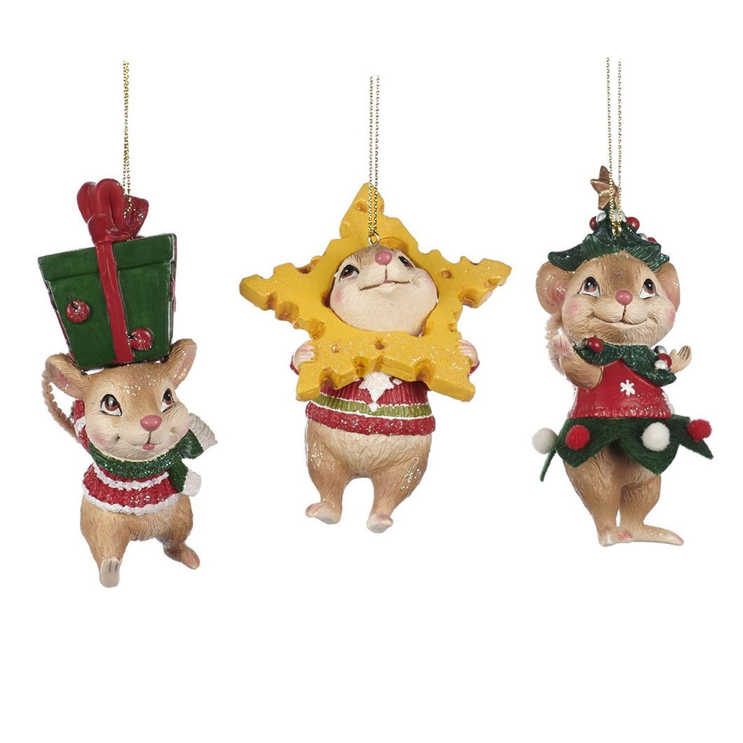 Christmas Mouse Ornament YelloWith Green/Red 11.5Cm, Set Of 3, Assortment