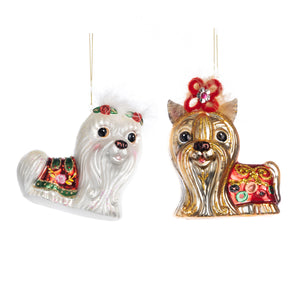 Glass Christmas Dog Ornament White/Brown/Red 11.5Cm, Set Of 2, Assortment