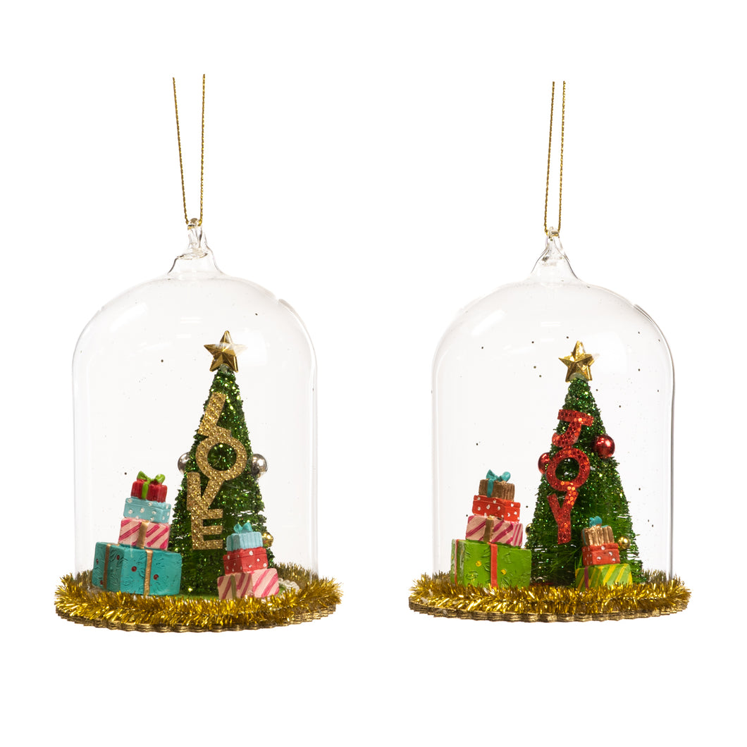 Glass Love/Joy Christmas Tree Dome Ornament Multi 11Cm, Set Of 2, Assortment