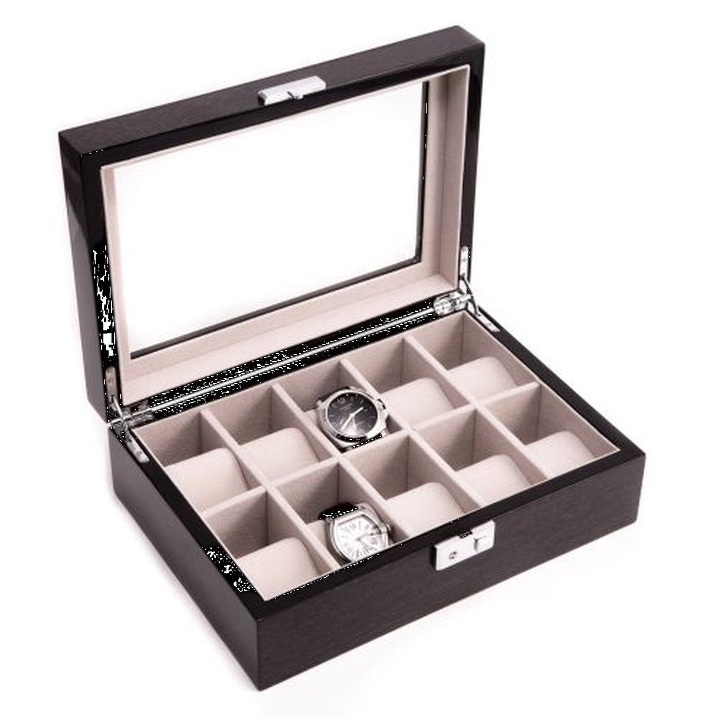 Lacquered "Steel Gray" Wood 10 Watch Case With Glass Top
