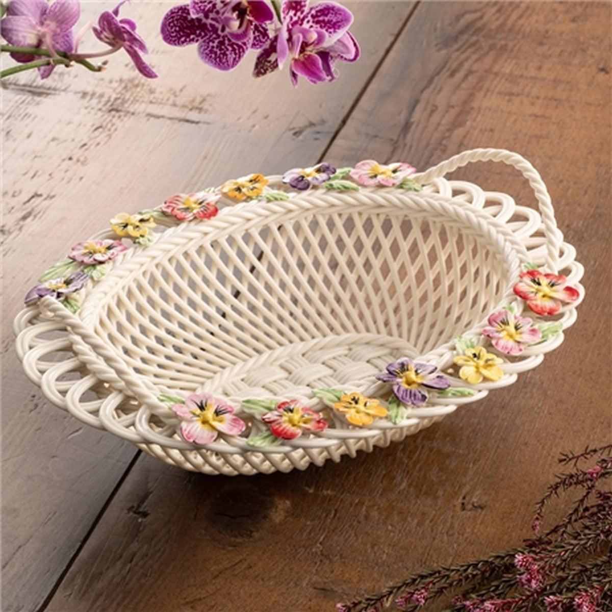 Belleek Pansy Oval Basket, 3" x 6" x 8"