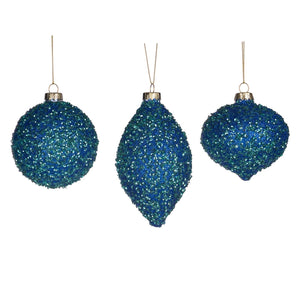 Glass Glittered/Sequin Covered Ball/Finial Ornament Blue/Green, Set/3 Assortment