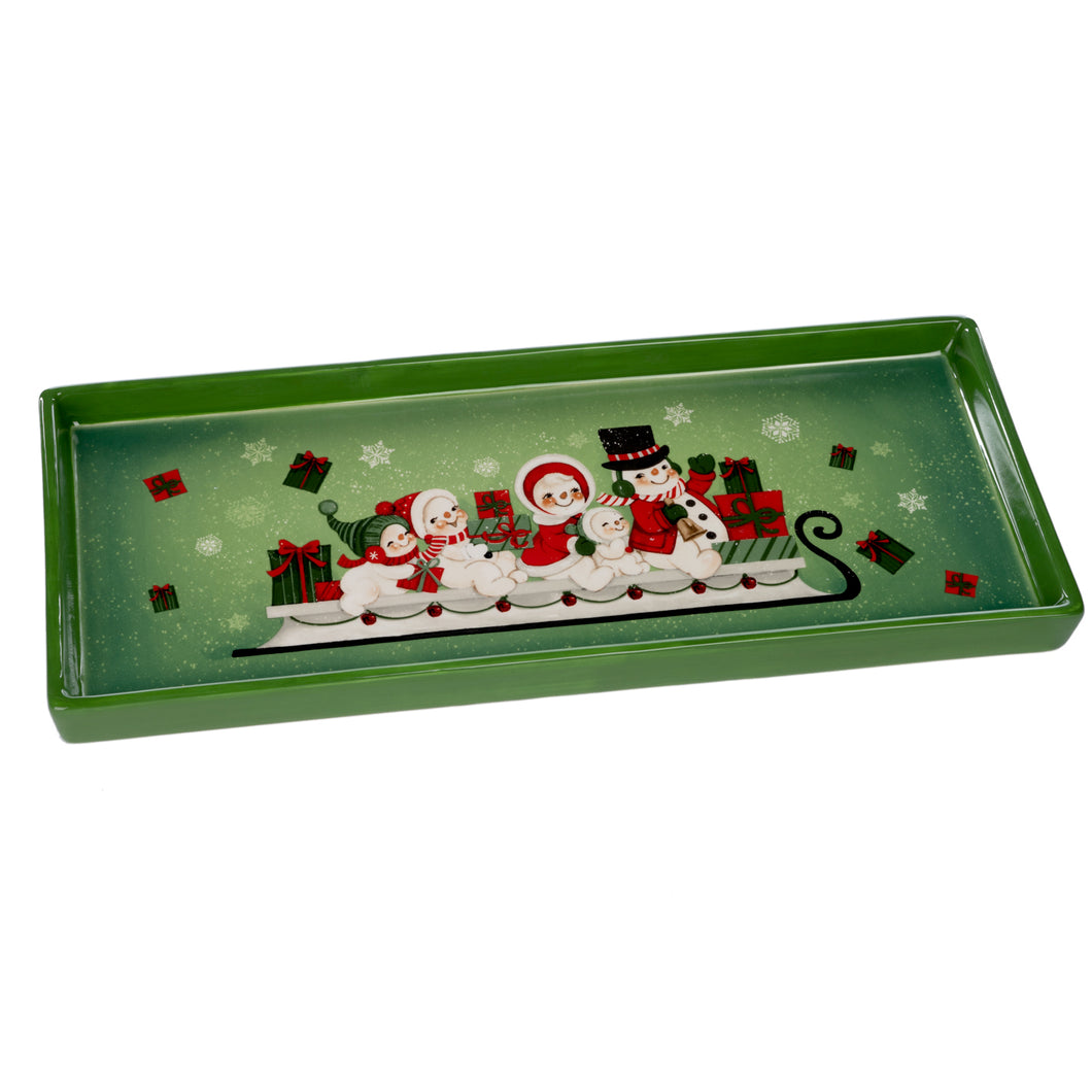 Goodwill Ceramic Rectangle Christmas Candy Snowman Tray Green 37Cm