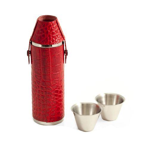 10 Oz. Stainless Steel Red "Croco" Leather Flask & 2 Cups by Bey Berk