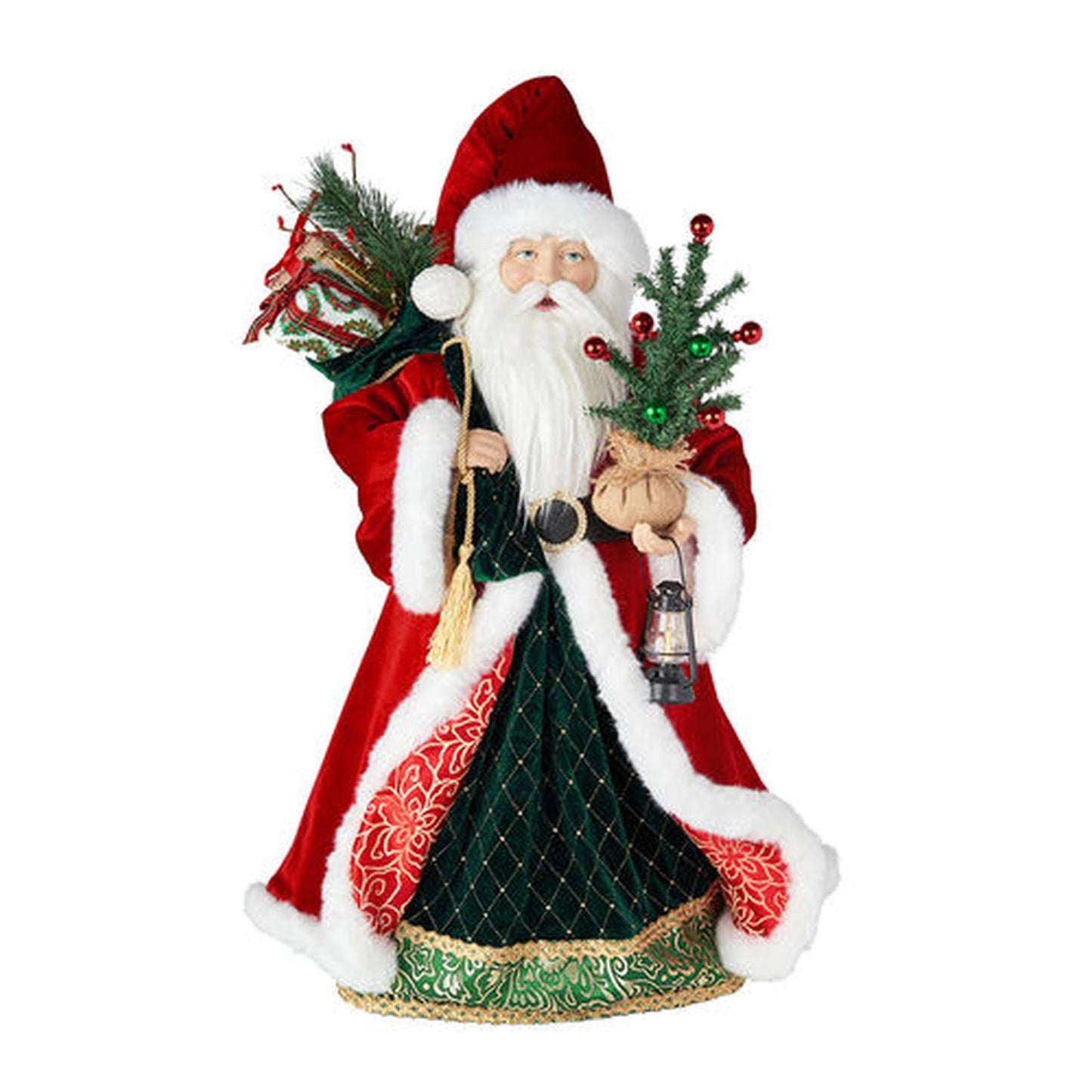 December Diamonds Christmas Carousel Red/Green Fabric Santa With Bag Figurine