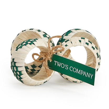 Two's Company Woven Garden Set Of 4 Napkin Rings - Raffia/Cane/Plastic