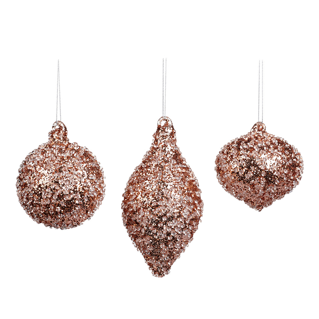 Glass Jewel Covered Ball/Finial Ornament Copper/Clear 8Cm, Set Of 3, Assortment