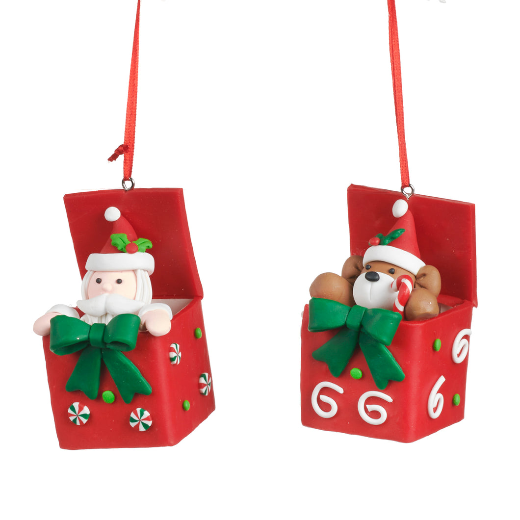 Goodwill Clay Santa/Bear In Gift Box Ornament Red 7.5Cm, Set Of 2, Assortment