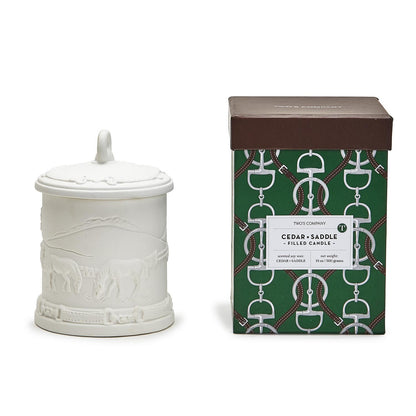 Equus Cedar & Leather Scent Bisque Lidded Candle with Relief Pattern.