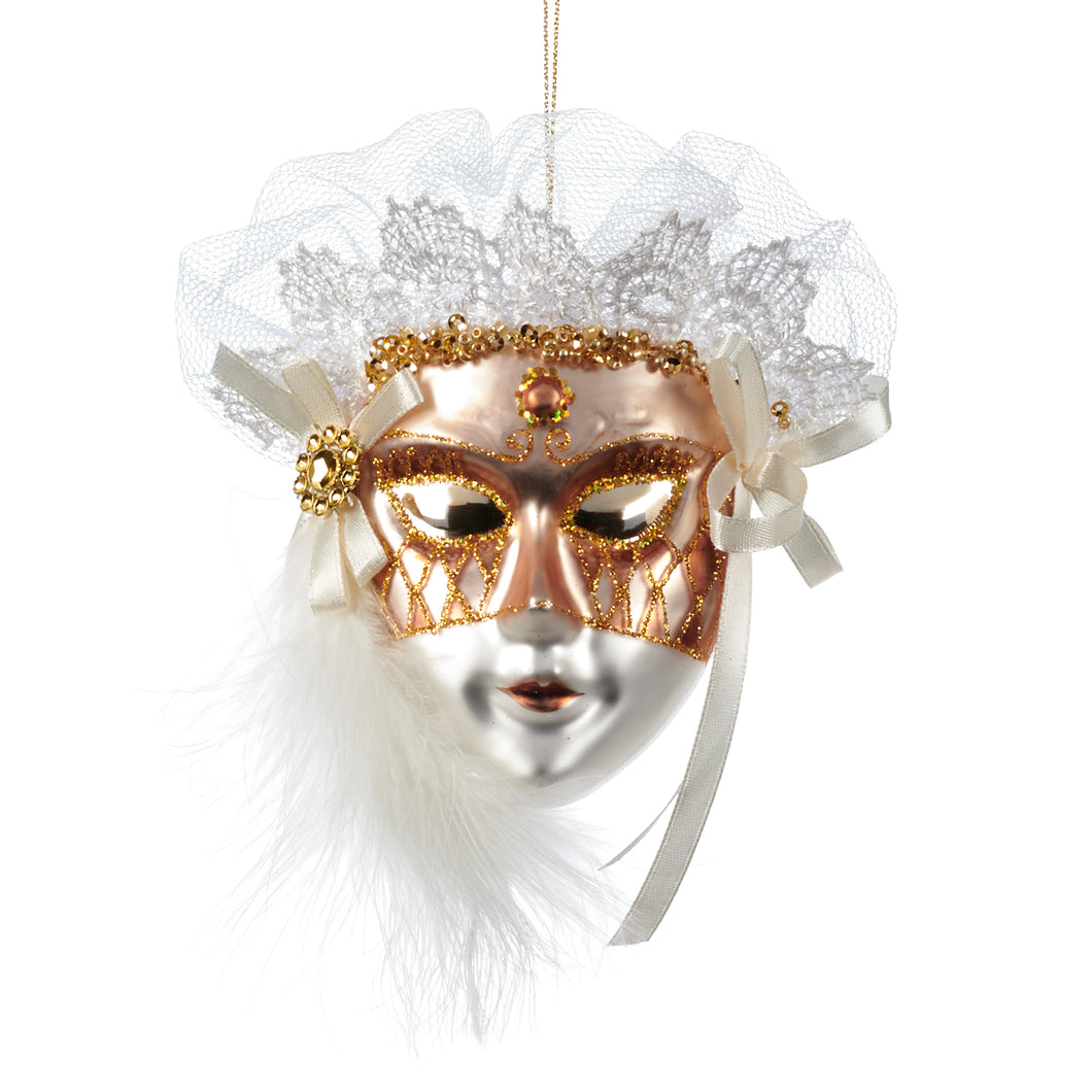 Goodwill Glass Fabric Mask Ornament Cream/White/Gold 9.5Cm