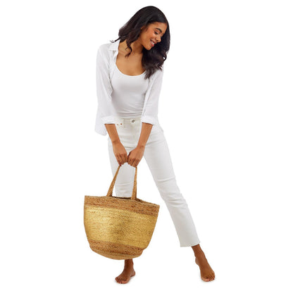 Golden State of Mind Natural Jute Woven Tote Bag w/ Metallic Gold Accent - Jute