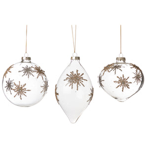 Glass Glittered Snowflake Ball/Finial Ornament Clear/Gold, Set/3, Assortment