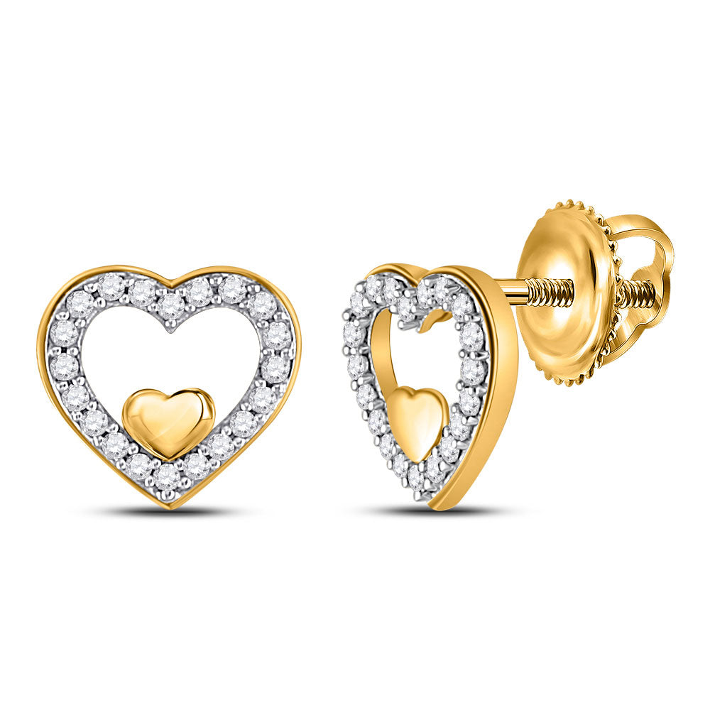 GND 10Kt Yellow Gold Womens Round Diamond Heart Earrings 1/8 Cttw