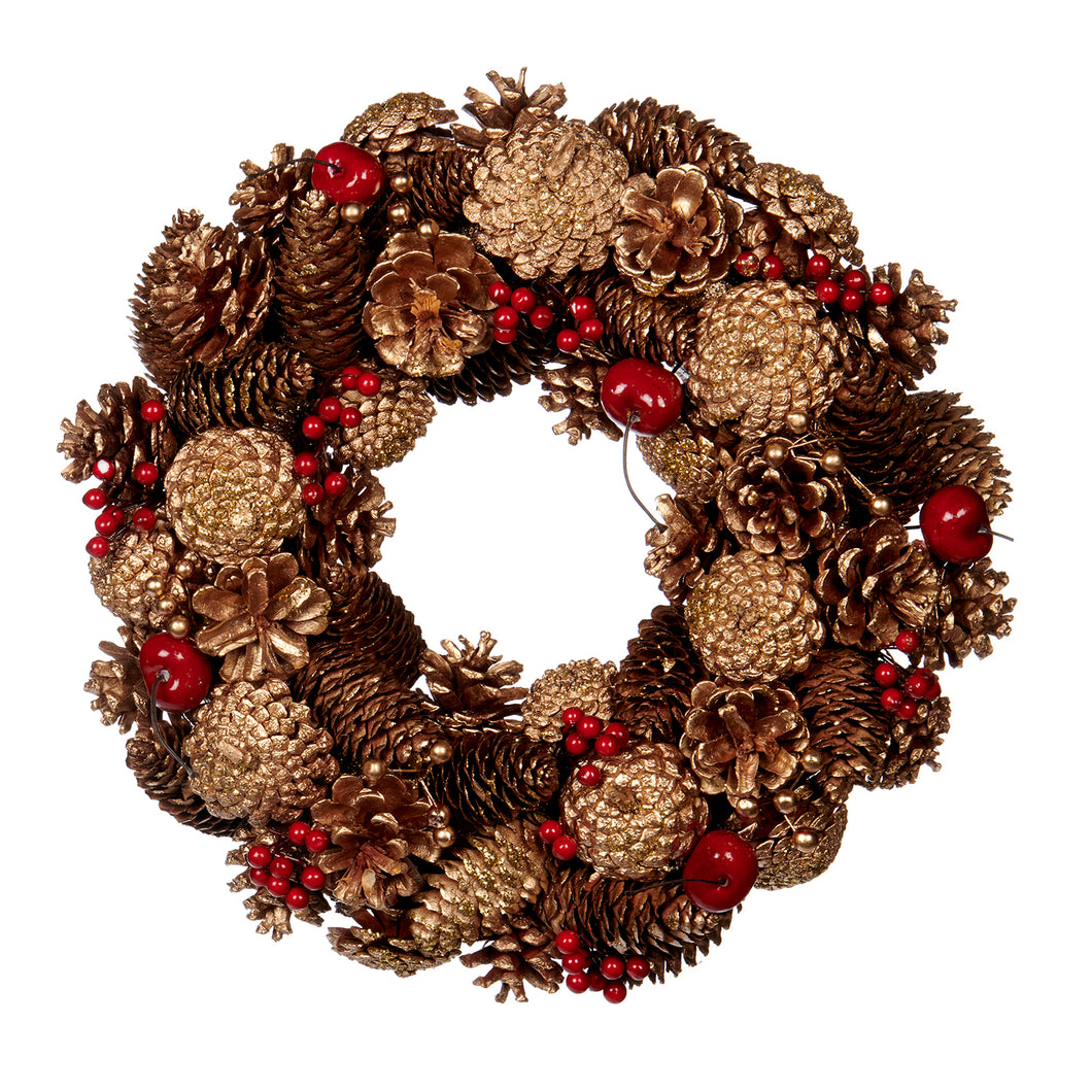 Goodwill Glittered Cherry/Berry/Pinecone Wreath Gold/Red 34Cm