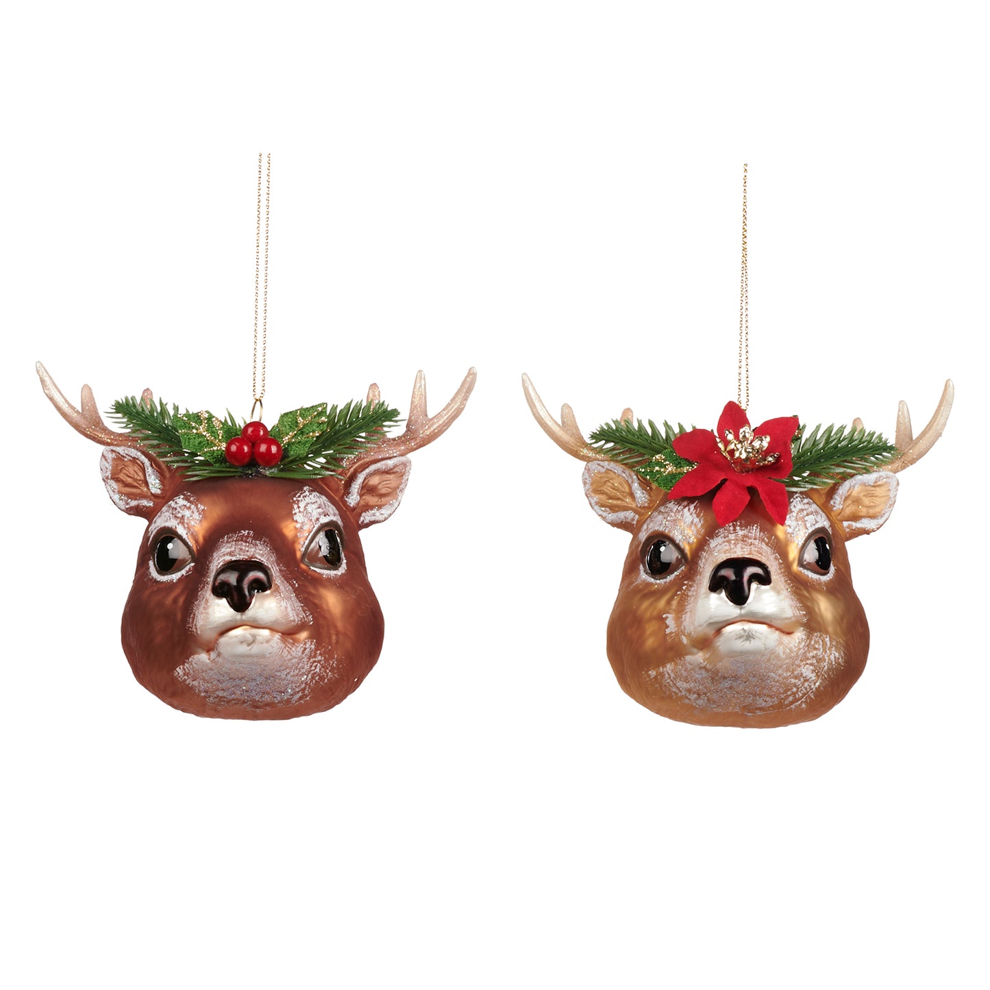 Goodwill Glass Christmas Deer Head Ornament Brown/Red 10Cm, Set Of 2, Assortment